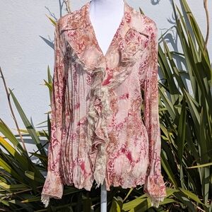 Vintage Y2K Fairycore Notations Pink and Cream Ruffle Lace Blouse Size Medium